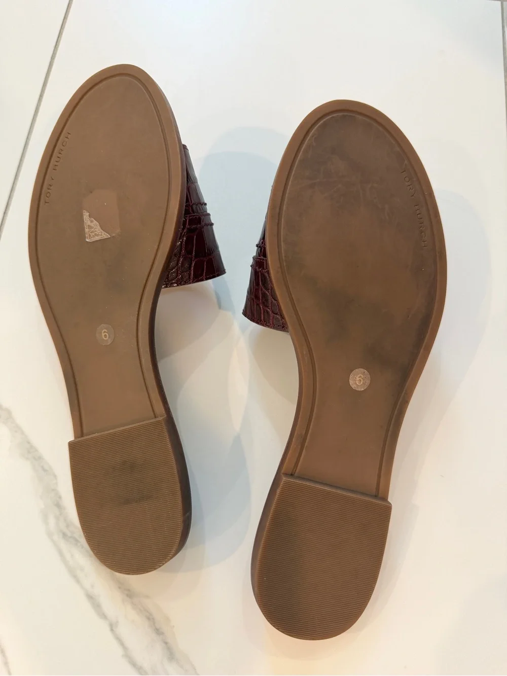 Tory Burch Burgundy Croc-Embossed Slide Sandals with Gold Logo